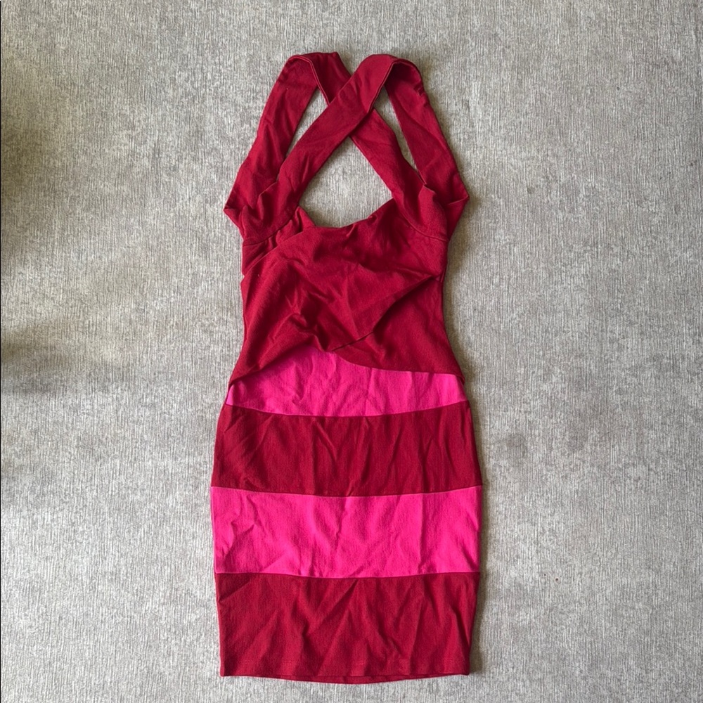 Pink and Red Halter Cut Out Cocktail Dress